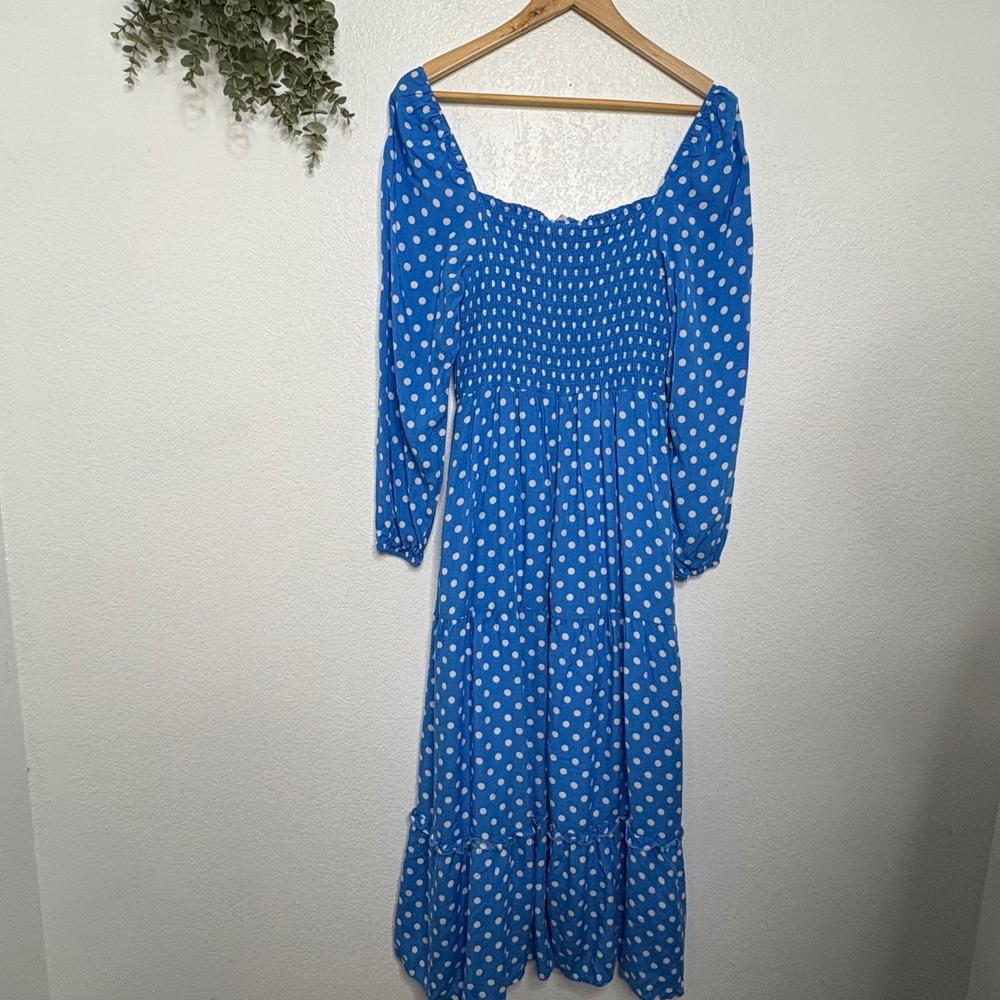 Dolan Anthropologie Collection Blue Polka Dot Smocked Tiered Dress Large - Picture 8 of 8